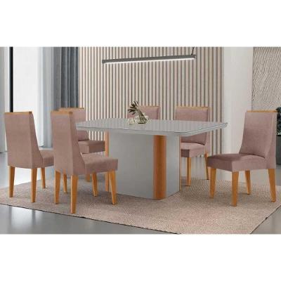 Sala de Jantar Pietá Curvo 6 Lugares Tampo MDF Cadeiras Estofadas Off White 180CM Móveis Rufato