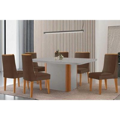 Sala de Jantar Pietá Curvo 6 Lugares Tampo MDF com Cadeiras Estofadas Off White e Capuccino 180CM
