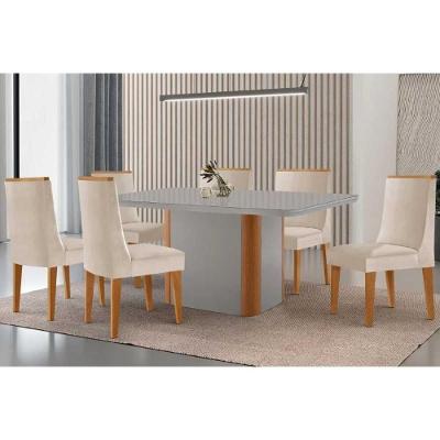 Sala de Jantar Pietá Curvo 6 Lugares Tampo MDF Cadeiras Estofadas Off White-Capuccino 180CM Móveis