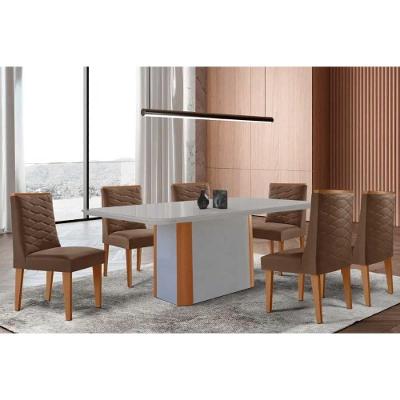Sala de Jantar Pietá Curvo 6 Lugares Tampo em MDF com Cadeiras Estofadas Suede Marrom 180CM Móveis