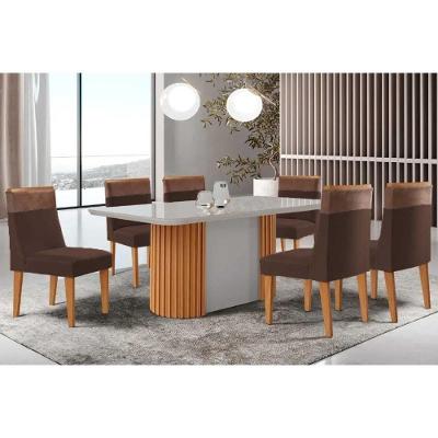 Sala de Jantar Pilar Curvo 6 Lugares Tampo MDF Cadeiras Suede Marrom 180CM Móveis Rufato