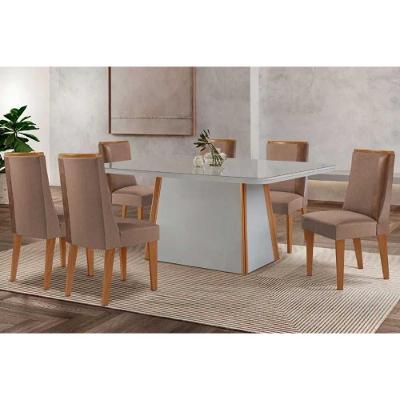Sala de Jantar Tilia 6 Lugares Tampo MDF com Vidro Curvo Off White 180CM Móveis Rufato