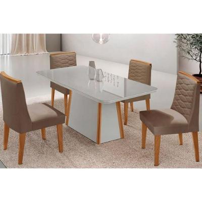 Sala de Jantar Tilia Curvo 4 Lugares Tampo em MDF Off White e Suede Capuccino 120CM Móveis Rufato