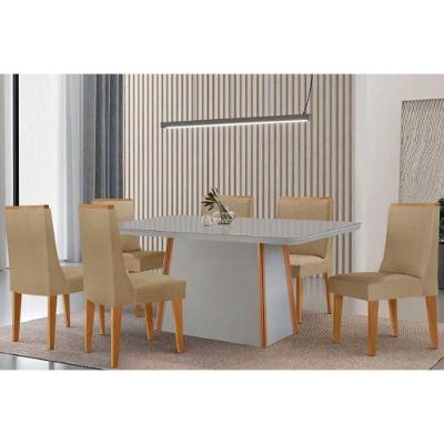 Sala de Jantar Tilia 6 Lugares Tampo MDF com Design Curvo Off White e Naturale 180CM Móveis Rufato