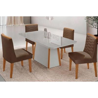 Sala de Jantar Tília Curvo 4 Lugares Tampo MDF com Bordas Arredondadas Naturale e Off White 120CM