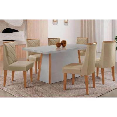Sala de Jantar Tilia Curvo 6 Lugares Tampo em MDF com Cadeiras Estofadas Linho Bege 180CM