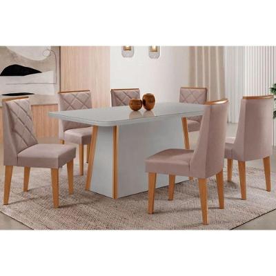 Sala de Jantar Tilia Curvo 6 Lugares Tampo MDF Cadeiras Estofadas Linho Capuccino 180CM Móveis