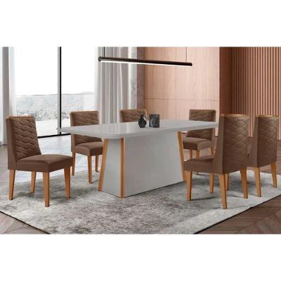 Sala de Jantar Tilia Curvo 6 Lugares Tampo em MDF com Cadeiras Suede Marrom 180CM Móveis Rufato