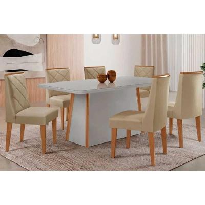 Sala de Jantar Tilia Curvo 6 Lugares Tampo MDF Cadeiras Estofadas Linho Bege 180CM Móveis Rufato