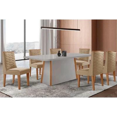 Sala de Jantar Tilia Curvo 6 Lugares Tampo MDF com Cadeiras Estofadas Linho Bege 180CM Móveis Rufato
