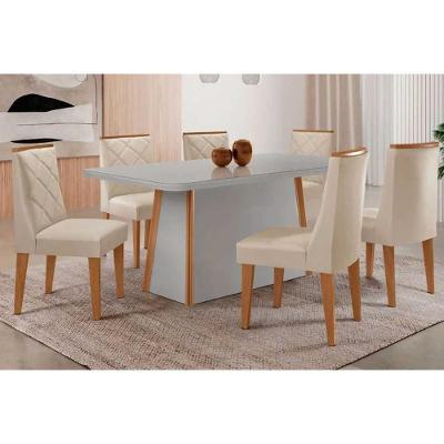 Sala de Jantar Tilia Curvo 6 Lugares Tampo MDF Cadeiras Estofadas Suede Off White-Capuccino 180CM