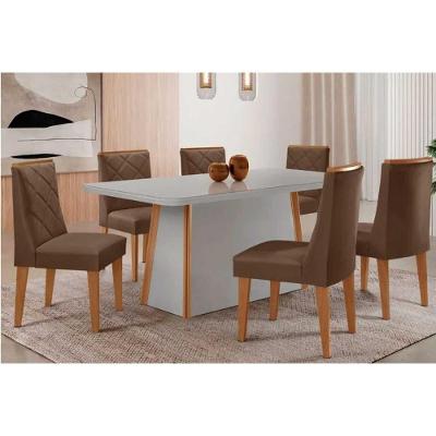 Sala de Jantar Tilia Curvo 6 Lugares Tampo MDF Cadeiras Estofadas Suede Off White-Capuccino 180CM
