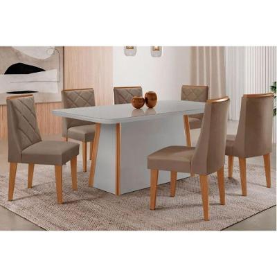 Sala de Jantar Tilia Curvo 6 Lugares Tampo MDF com Cadeiras Estofadas Off White 180CM Móveis Rufato