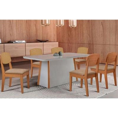 Sala de Jantar Tilia Curvo 6 Lugares Tampo MDF com Cadeiras Estofadas Linho Bege 180CM Móveis Rufato