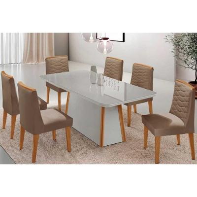 Sala de Jantar Tilia Curvo 6 Lugares Tampo MDF com Cadeiras Estofadas Off White e Capuccino 180CM