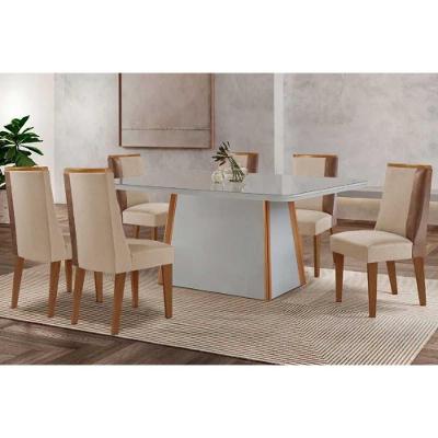 Sala de Jantar Tilia Curvo 6 Lugares Tampo MDF com Cadeiras Estofadas Suede Off White 180CM Móveis