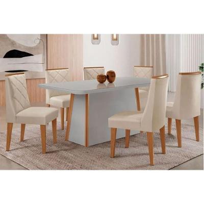 Sala de Jantar Tilia Curvo 6 Lugares Tampo MDF com Cadeiras Estofadas Suede Creme 180CM Móveis