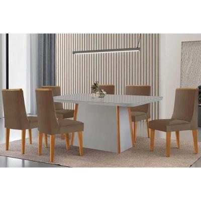 Sala de Jantar Tilia Curvo 6 Lugares Tampo MDF com Cadeiras Estofadas Off White e Capuccino 180CM
