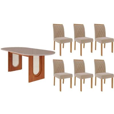 Sala de Jantar Valentina + Juliana 6 Lugares Tampo MDF Cadeiras Suede Bege 210CM Cimol Móveis
