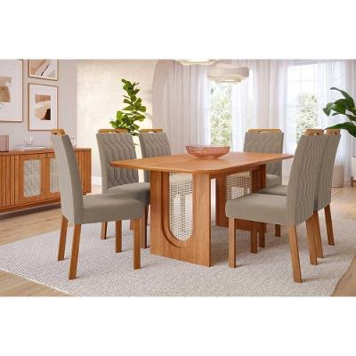 Sala de Jantar Valentina 6 Lugares Tampo MDP Cadeiras Suede Amadeirado 180X90CM Cimol Móveis