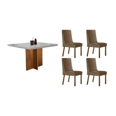 Sala de Jantar Berlim + Dakota 4 Lugares Tampo MDF Estofado Capuccino 90CM Móveis Rufato