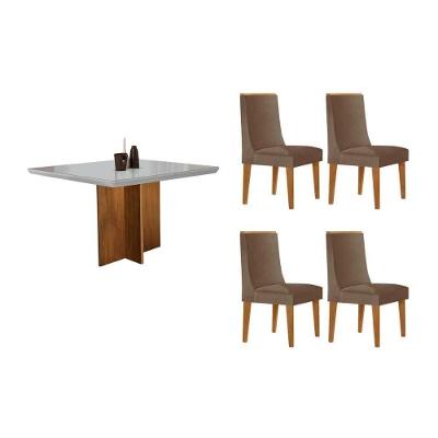 Sala de Jantar Berlim + Dakota 4 Lugares Tampo MDF Cadeiras Estofadas Capuccino Corano 90CM Móveis