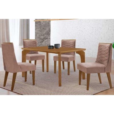 Sala de Jantar Londrina + Maldivas 4 Lugares Tampo MDF Cadeiras Estofadas Capuccino Linho 120CM
