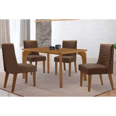 Sala de Jantar Londrina 4 Lugares Tampo MDF Cadeiras Estofadas Suede Marrom 120CM Móveis Rufato