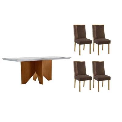 Sala de Jantar Nevada Curvo 4 Lugares Tampo MDF Cadeiras Estofadas Suede Amadeirado 120CM Móveis
