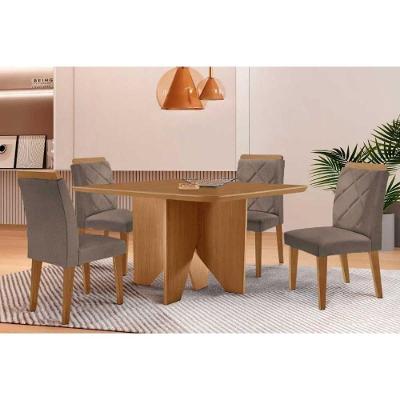Sala de Jantar Nevada Curvo 4 Lugares Tampo MDF Cadeiras Estofadas Linho Capuccino 90CM Móveis