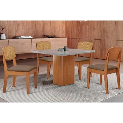 Sala de Jantar Maldivas 4 Lugares Tampo MDF com Vidro Curvo Off White 90CM Móveis Rufato