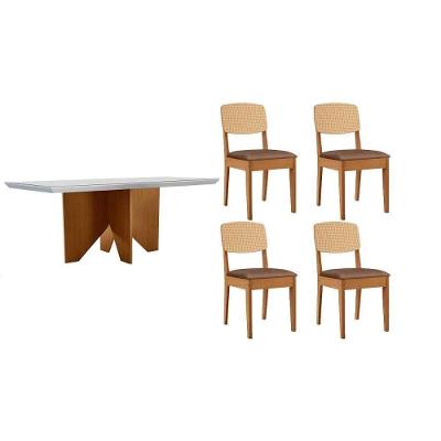Sala de Jantar Nevada Curvo 4 Lugares Tampo MDF com Cadeiras Corino Off White 120CM Móveis Rufato