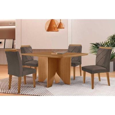 Sala de Jantar Nevada Curvo 4 Lugares Tampo MDF com Cadeiras Estofadas Capuccino-Corano 90CM Móveis