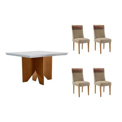 Sala de Jantar Nevada Curvo 4 Lugares Tampo MDF com Cadeiras Estofadas Linho Bege 90CM Móveis Rufato