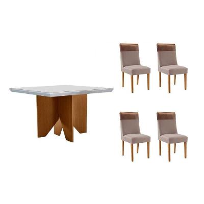 Sala de Jantar Nevada Curvo 4 Lugares Tampo MDF com Cadeiras Estofadas Off White 90CM Móveis Rufato