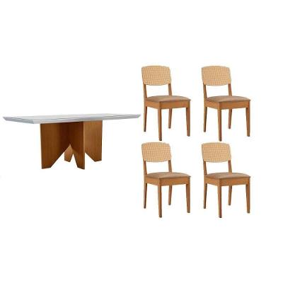 Sala de Jantar Nevada Curvo 4 Lugares Tampo MDF com Cadeiras Linho Bege 120CM Móveis Rufato