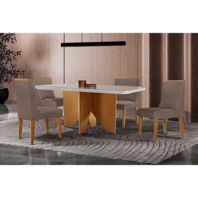 Sala de Jantar Nevada Curvo 4 Lugares Tampo MDF com Vidro Off White 120CM Móveis Rufato