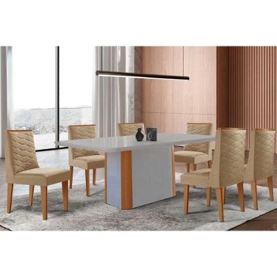 Sala de Jantar Pietá Curvo 6 Lugares Tampo MDF Cadeiras Estofadas Linho Bege 180CM Móveis Rufato