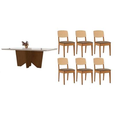 Sala de Jantar Nevada Curvo 6 Lugares Tampo em MDF Amadeirado-Off White 180CM Móveis Rufato