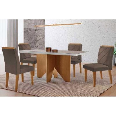 Sala de Jantar Nevada Curvo 4 Lugares Tampo MDF Cadeiras Estofadas Amadeirado 120CM Móveis Rufato