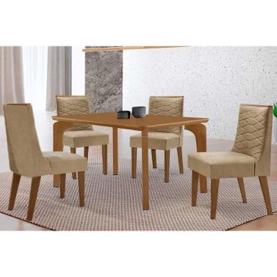 Sala de Jantar Londrina + Maldivas 4 Lugares Tampo MDF Cadeiras Estofadas Capuccino e Linho Bege
