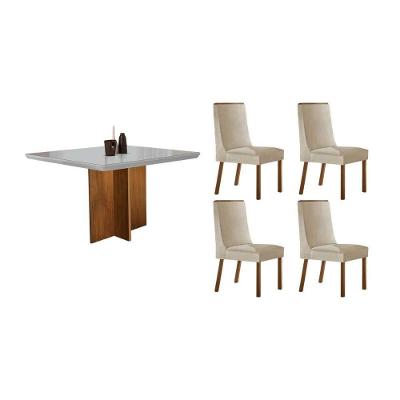 Sala de Jantar Berlim + Dakota 4 Lugares Tampo MDF Cadeiras Estofadas Capuccino e Creme 90CM Móveis