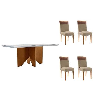 Sala de Jantar Nevada Curvo 4 Lugares Tampo MDF Cadeiras Estofadas Linho Bege 120CM Móveis Rufato