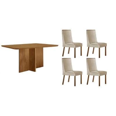 Sala de Jantar Berlim 4 Lugares Tampo MDF com Cadeiras Estofadas Suede Creme 120CM Móveis Rufato