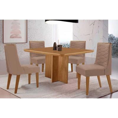 Sala de Jantar Berlim 4 Lugares Tampo MDF com Cadeiras Estofadas Capuccino 90CM Móveis Rufato