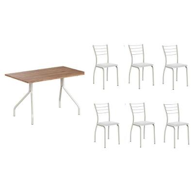 Conjunto de Jantar 1556 6 Lugares Tampo MDF Cadeiras Estofadas Corino Branco 136CM Móveis Carraro