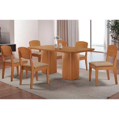 Sala de Jantar Maldivas 6 Lugares Tampo MDF Canto Curvo 180x90cm Linho Bege Móveis Rufato