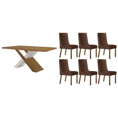 Sala de Jantar Imperatriz Curvo 6 Lugares Tampo MDF Bordas Arredondadas Suede Marrom 180CM Móveis
