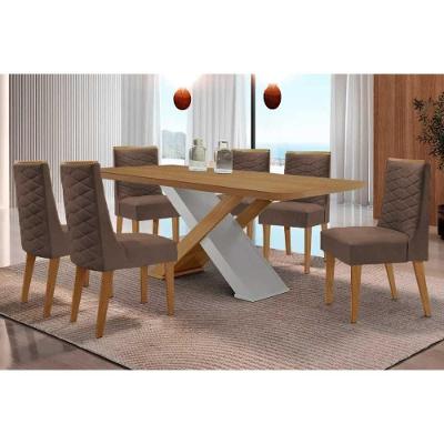 Sala de Jantar Imperatriz Curvo 6 Lugares Tampo MDF Bordas Arredondadas Off White e Suede Marrom