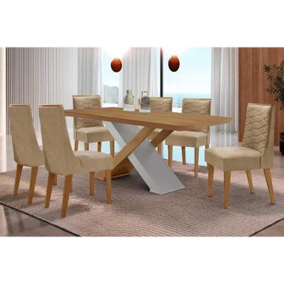 Sala de Jantar Imperatriz Curvo 6 Lugares Tampo MDF Cadeiras Estofadas Linho Bege 180CM Móveis